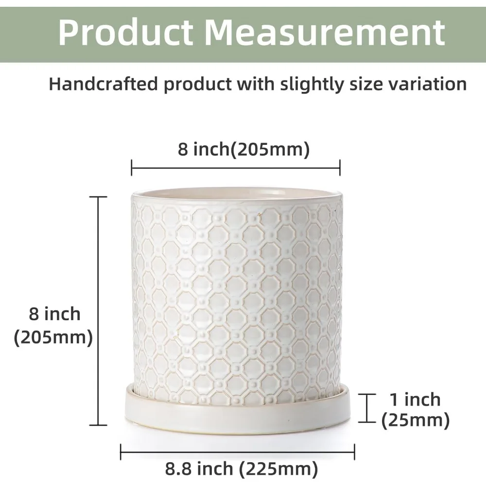 زارع سيراميك مقاس 8 بوصة مع فتحة تصريف وصحون للنباتات الداخلية والخارجية - وعاء زهور أبيض حديث