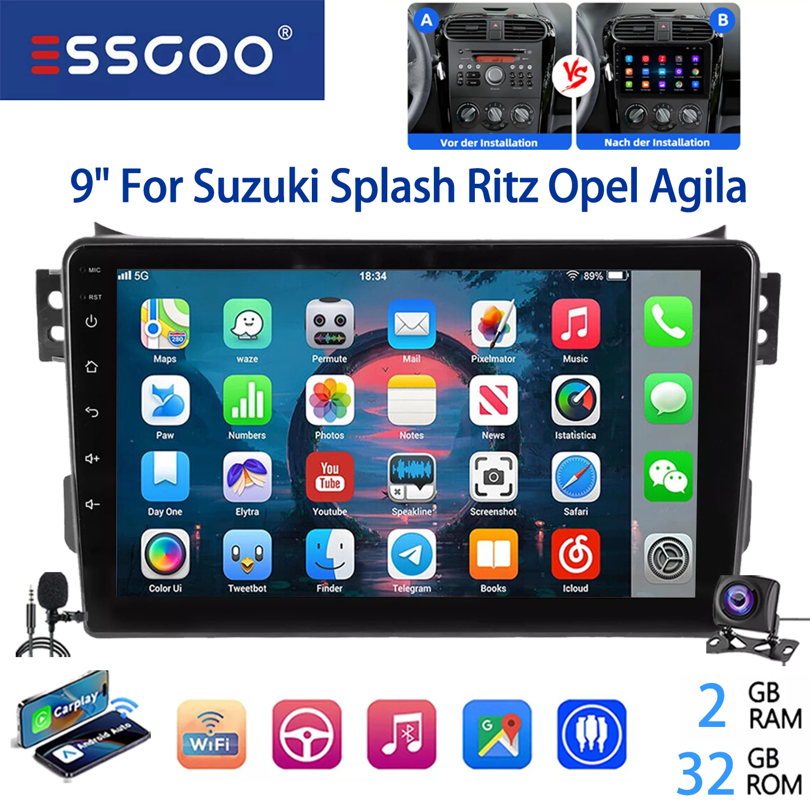 ESSGOO 9" 2 DIN Android 14 Voor Suzuki Splash Opel Agila B 2004-2014 CarPlay Android Auto Autoradio GPS Navigatie FM Wifi BT RDS Mirror Link Multimedia Video Speler