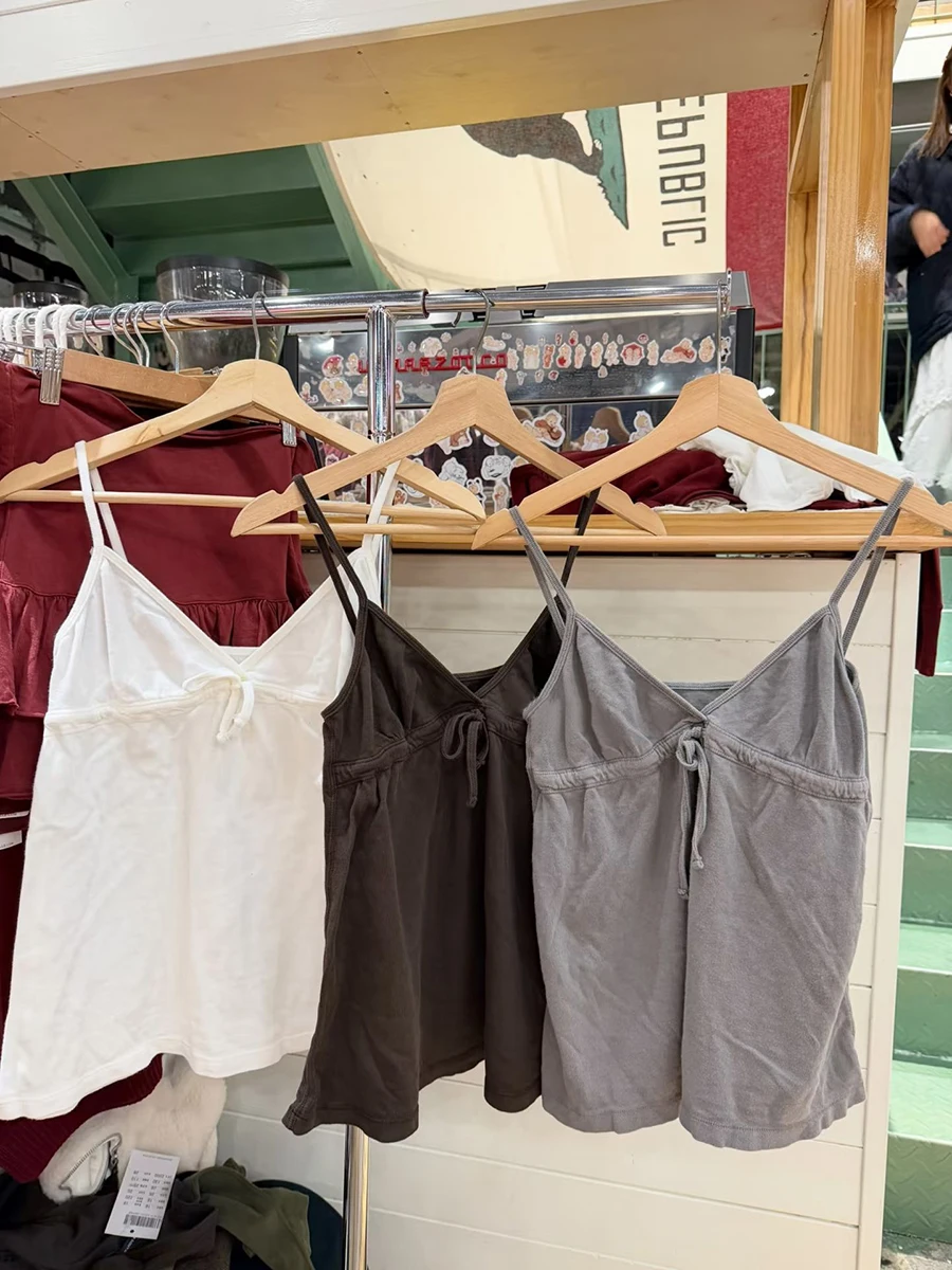 Solid Drawstring Slim Tank Top for Woman Summer Sexy V-neck Cotton Camisole Female Casual Simple All-match Vest Y2k New Tops