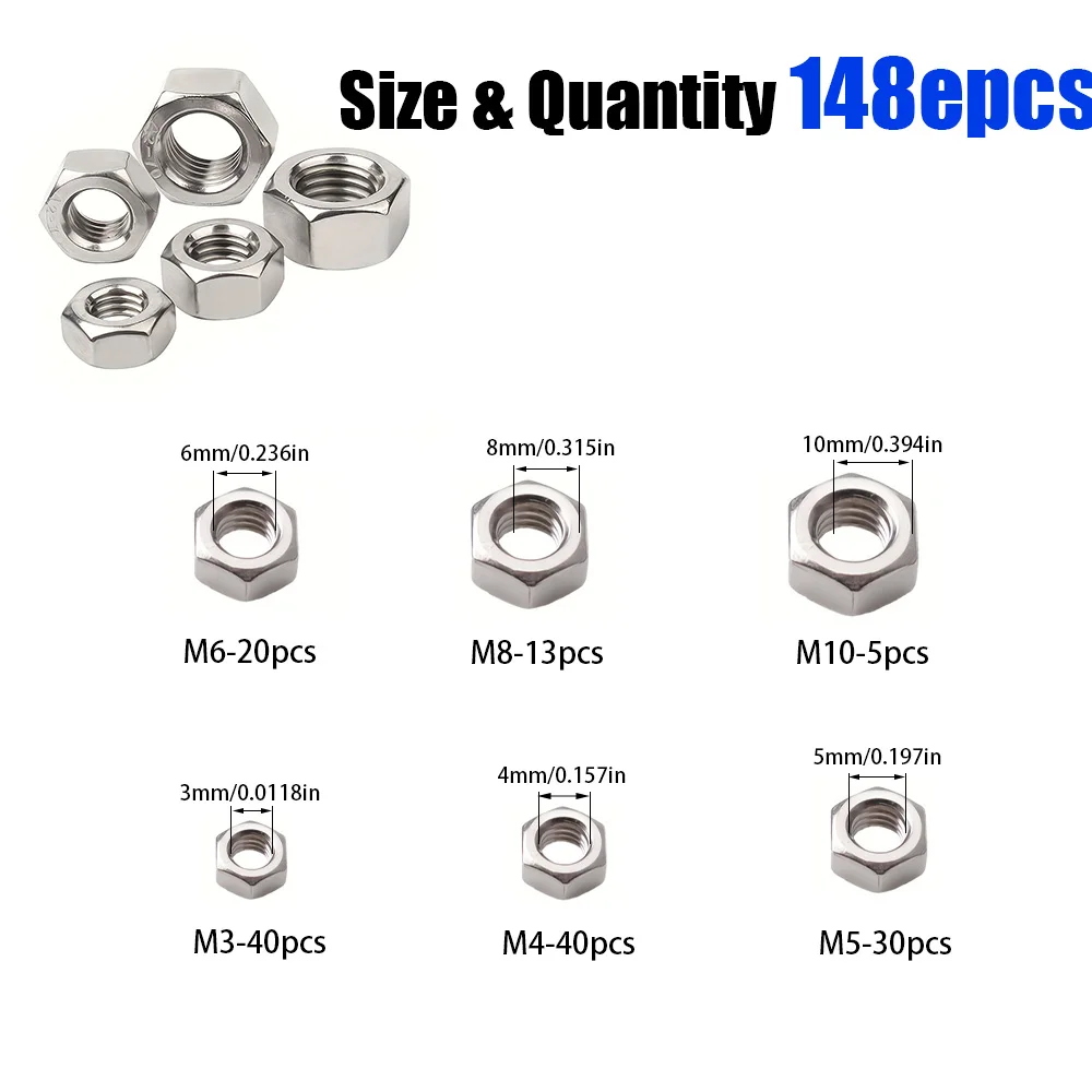 148-piece set of stainless steel hexagonal nuts M3 M4 M5 M6 M8 M10, industrial equipment accessories, home building maintenance.