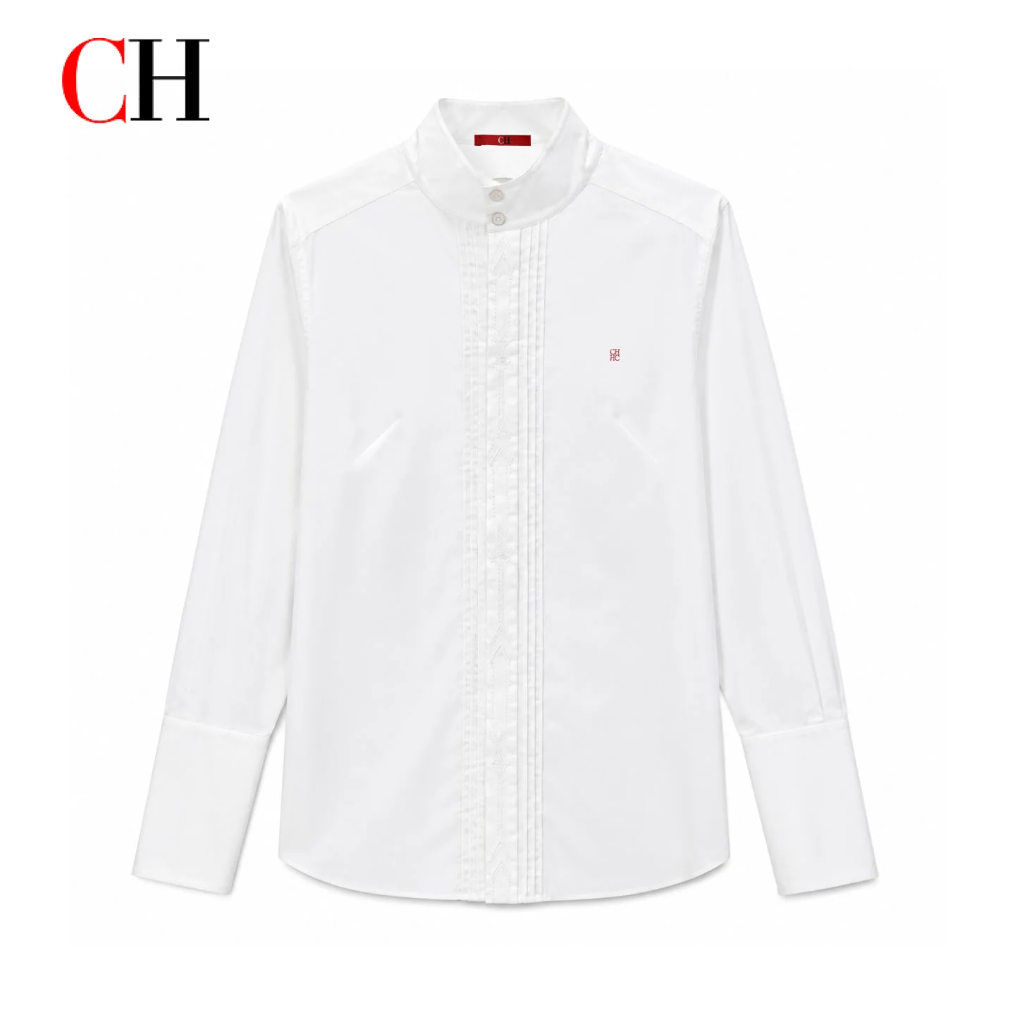 CH Women's White Stand Collar Shirt Long Sleeve Pleated Front Slim Fit Office Blouse Elegant Business Workwear Top image 6