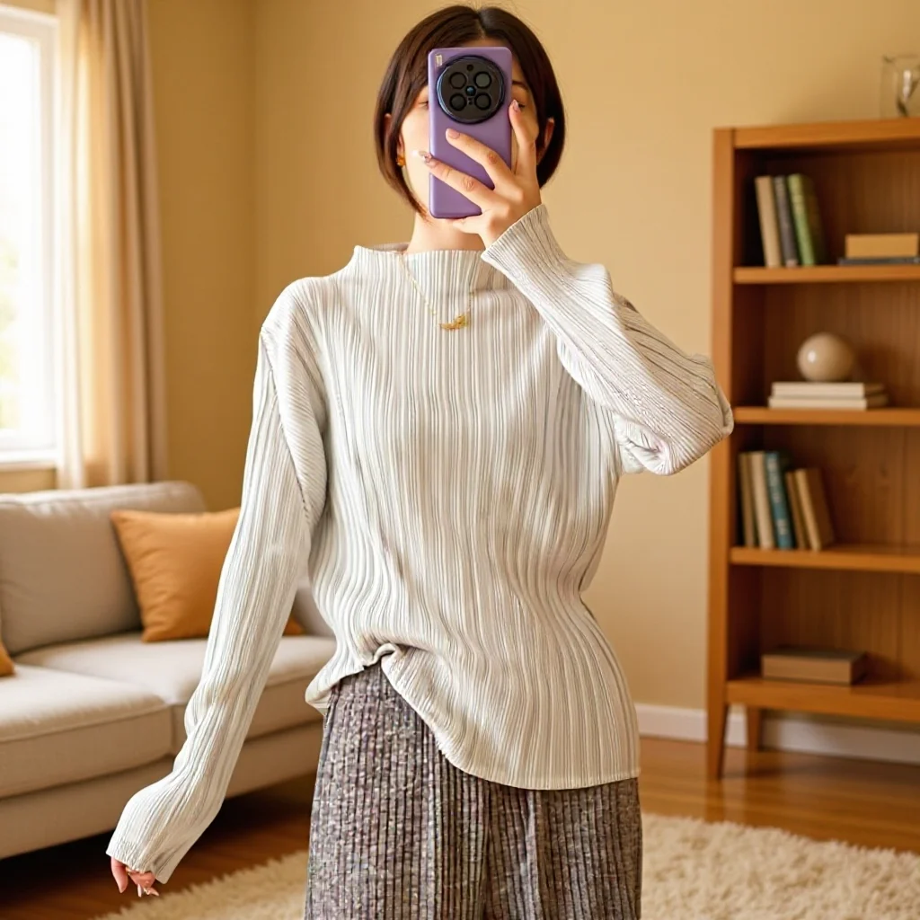 

Miyake Pleated 2026 Simple Solid Color Bottoming T-shirt Women's Long-sleeved High Elastic Slim Peplum Inside The Pleated Blouse