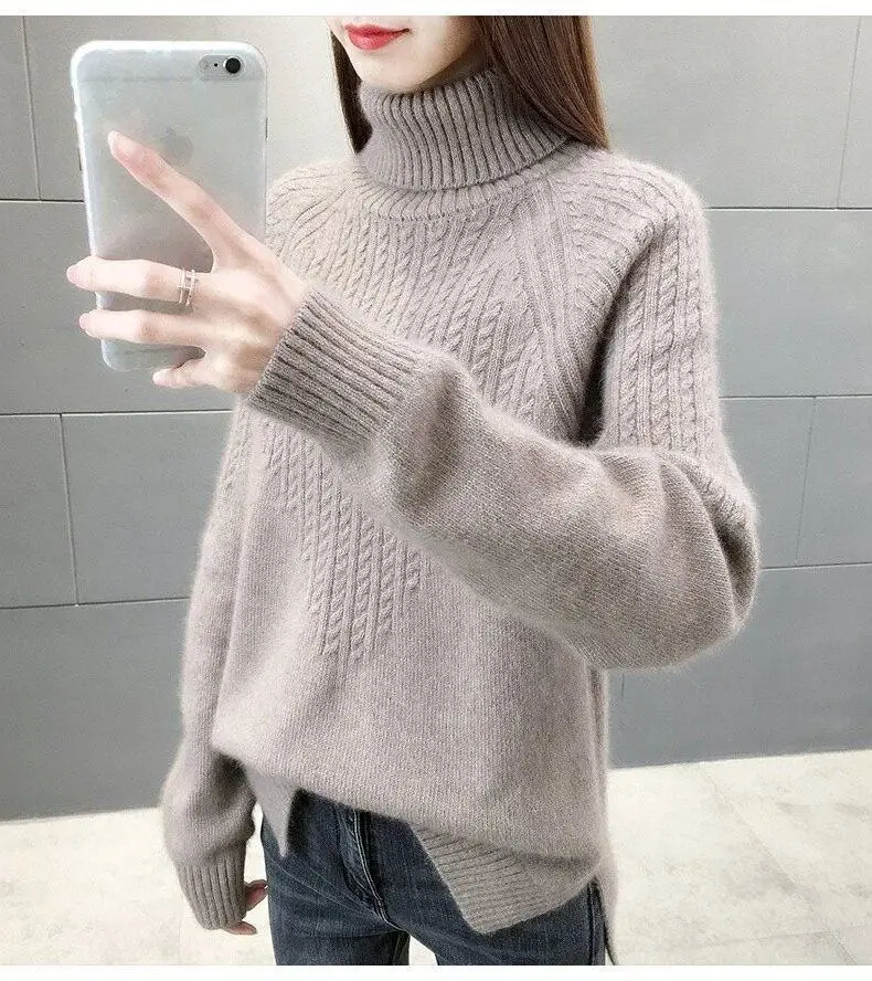 

Female Wool Turtleneck Autumn and Winter Thick Warm Loose Cashmere Base Sweater Jacquard Pullover Knitted Bottoming Shirt LJ501