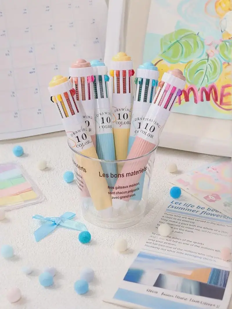 

Multicolor Ballpoint Pen 0.8mm Cute Retractable Pens 10 Colors in One Kawaii Pen for Journaling School Kids Gift