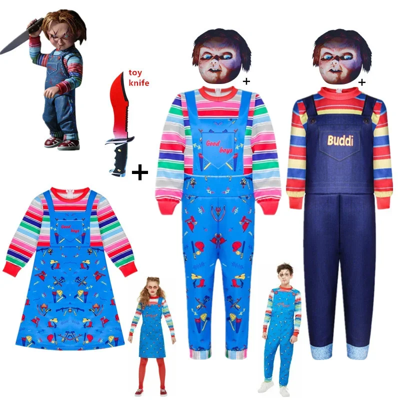 

Костюмы ужасов на Хэллоуин, детский карнавальный костюм Чаки, кукла-призрак, полный комплект с маской, игрушка, кошмар для девочек, праздничное платье