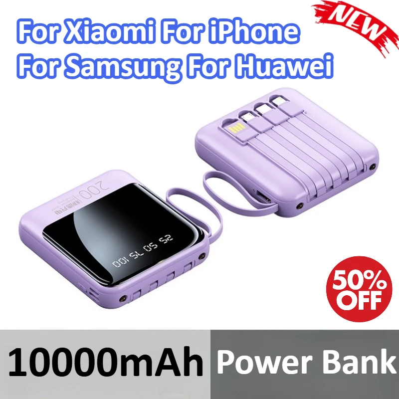 

10000mAh PowerBank For Xiaomi For iPhone For Samsung For Huawei Digital Display Fast Charging Ultra-thin Built in Cables