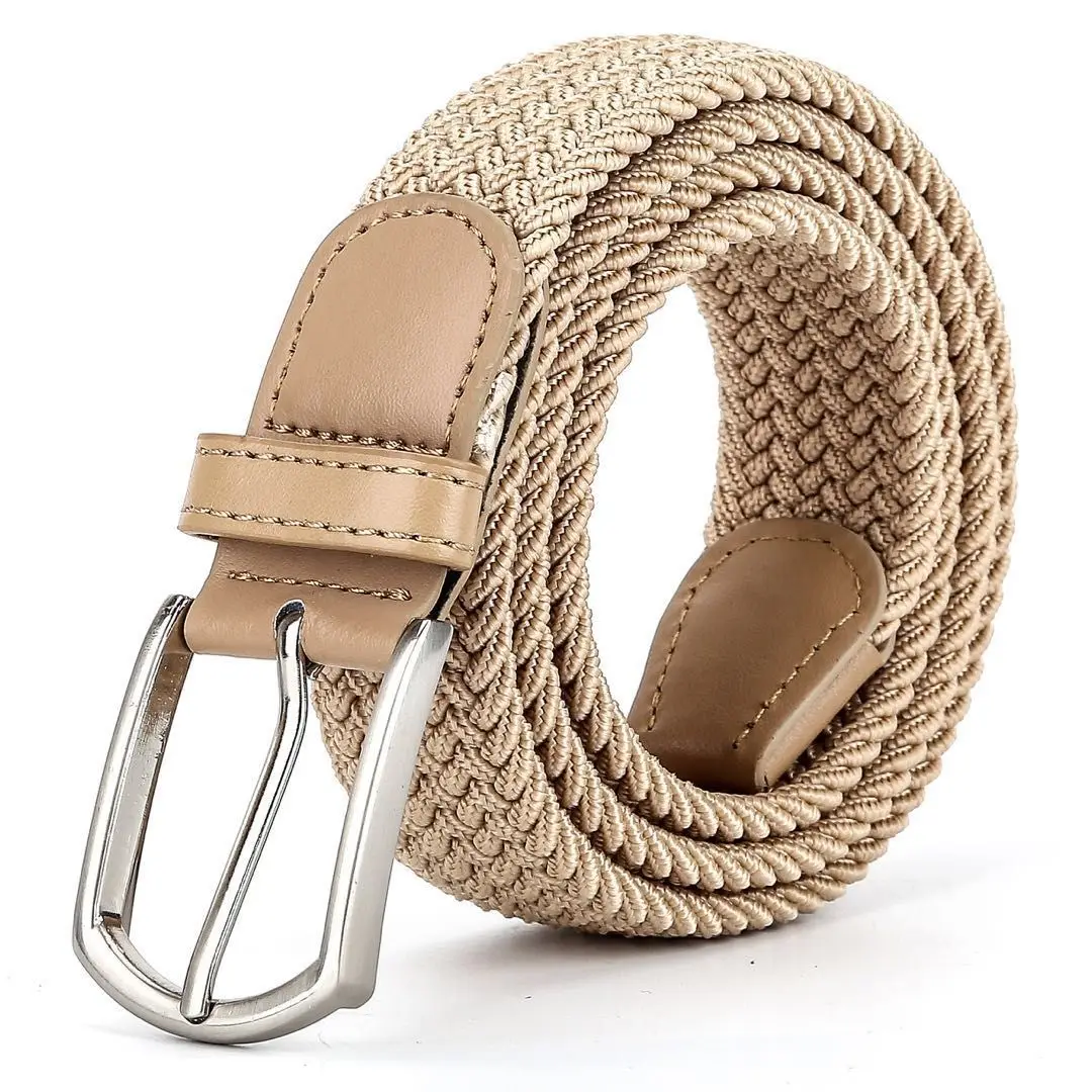 110cm Length New Men Brown Beige Elastic Braided Belt 2024 Casual Women Canvas Korean All Match Pin Buckle High Leather