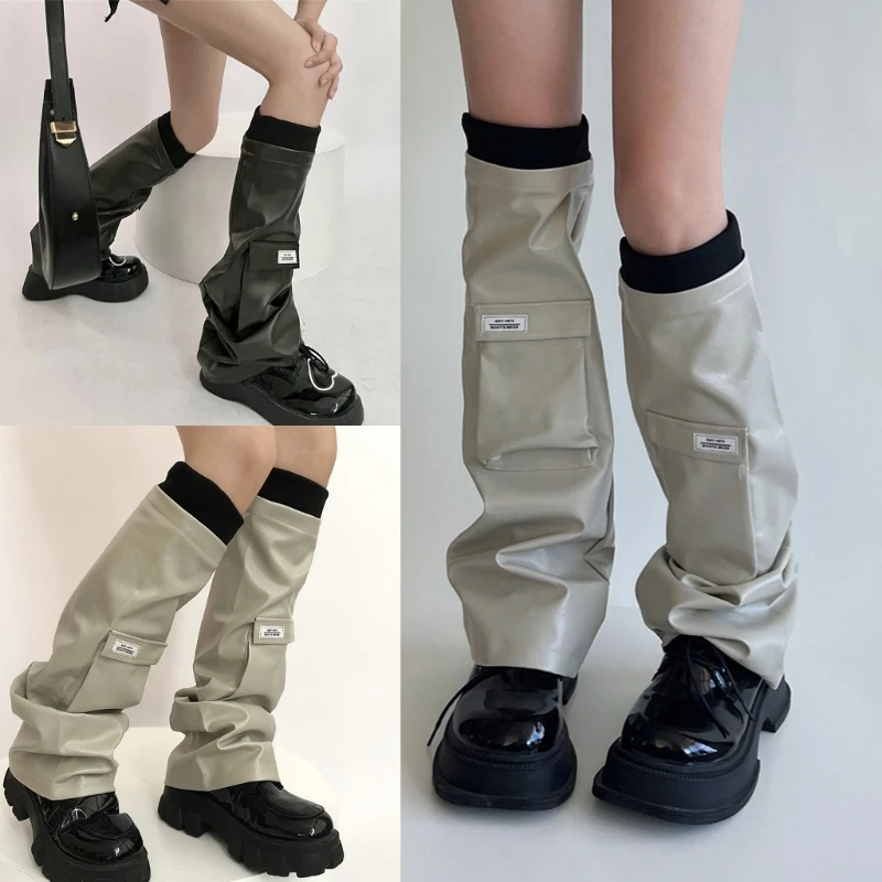 Calzini lunghi Y2k Calzini scaldamuscoli gotici in pelle PU Calzini punk per ragazze streetwear Copri gambe Calzini alti al ginocchio