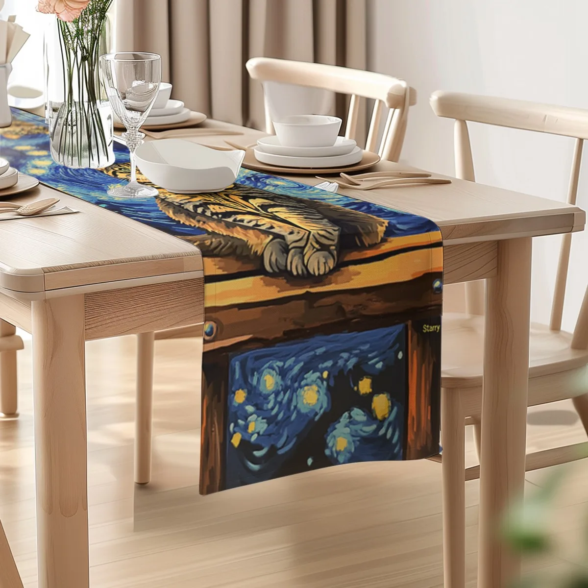 print table runner Starry Night Cat Impressionist Style Tablecloth for Seasonal Celebrations Both Indoor And Outdoor Dining Sett