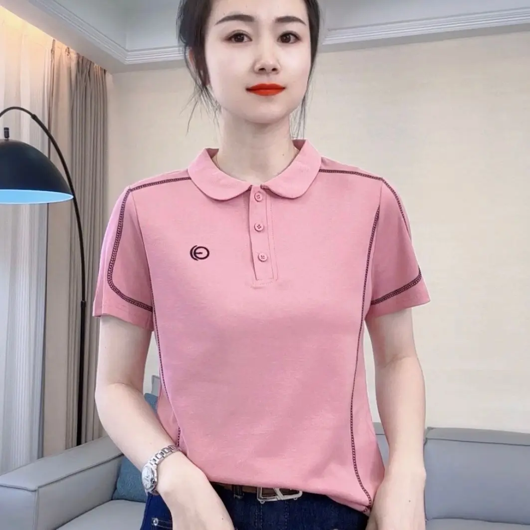 

Women Short Sleeve Polo Neck Embroidered Loose T-Shirt Simple Solid Color Slimming Top