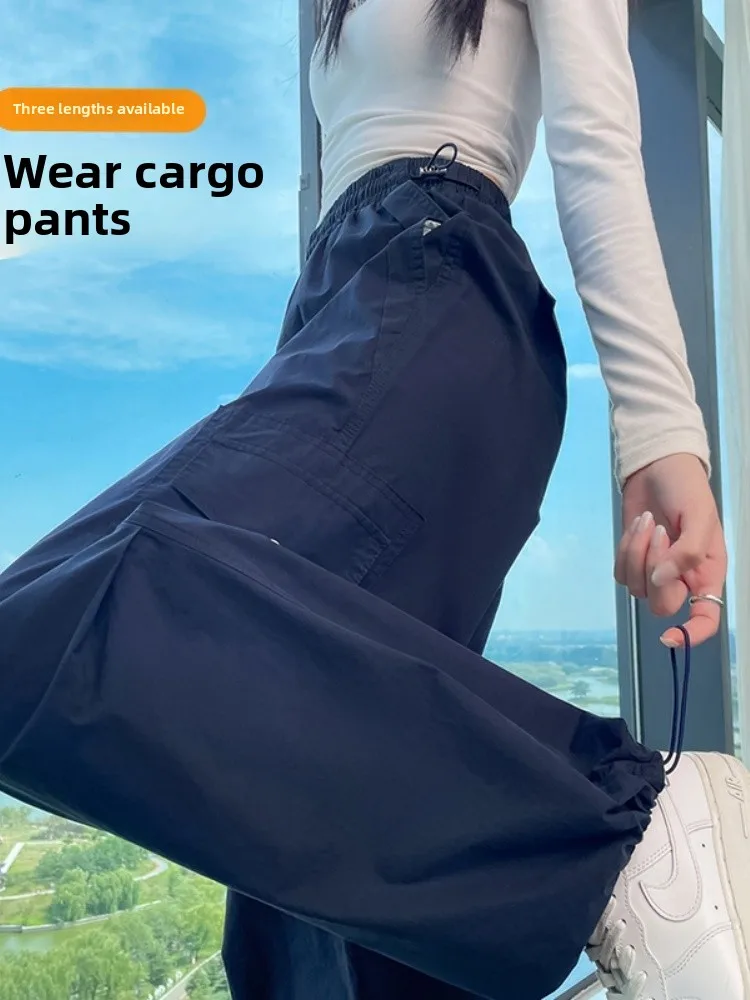 Qui Dry Work Trousers Women's Spring Autumn New Wide Leg Casual Paratrooper High Waist Sports Pants Trendy Cargo Pants