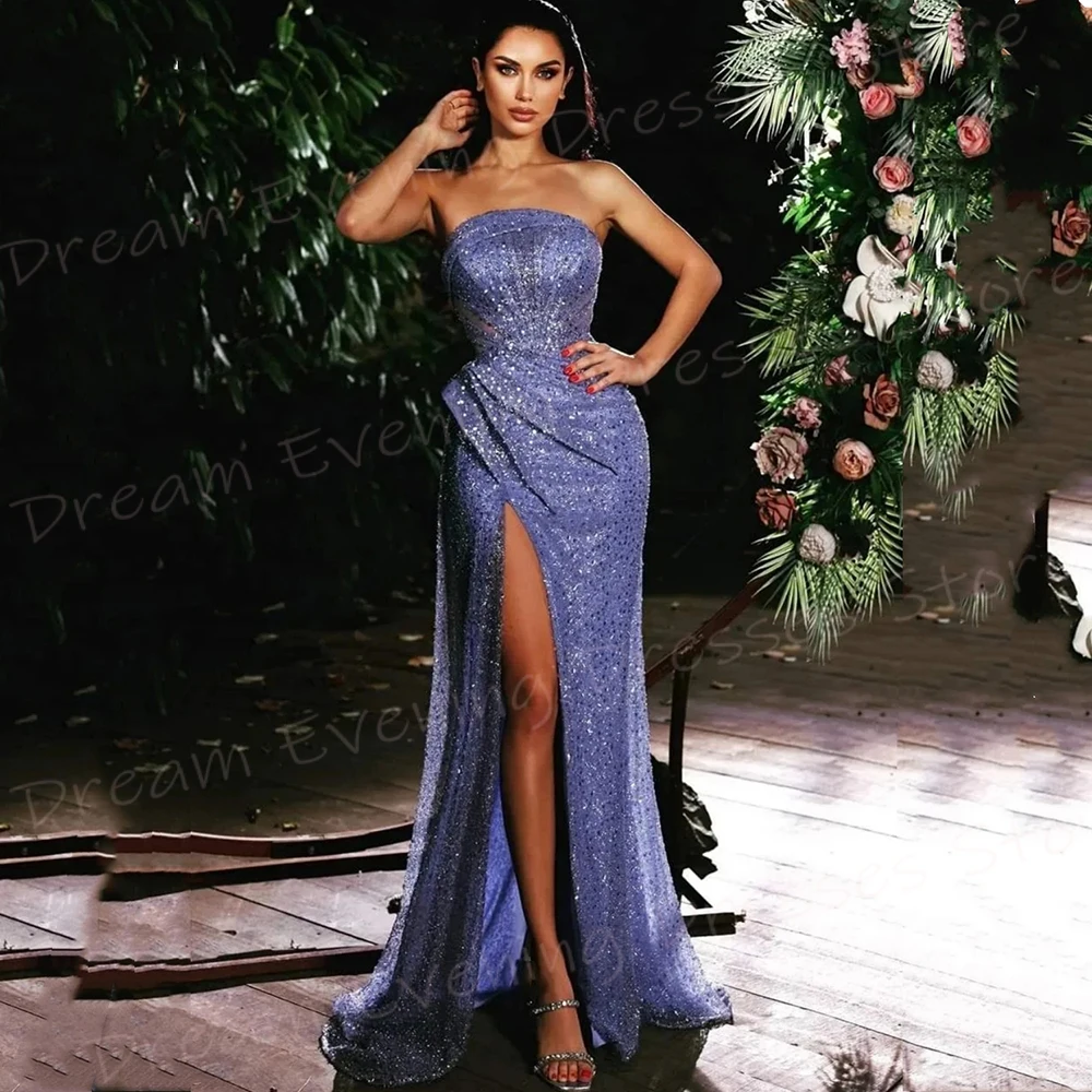 Shiny Popular Purple Women's Mermaid Sexy Evening Dresses Charming Strapless Prom Gowns Split Sequined فساتين للمناسبات الرسمية