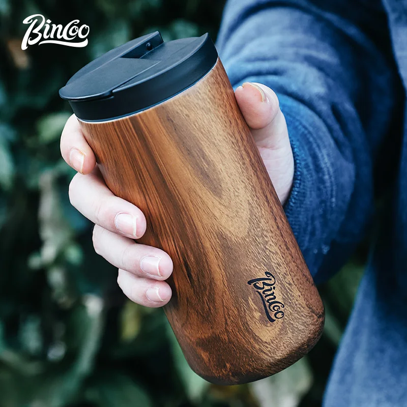 Bincoo Stainless steel Coffee mug Vintage 400/550ML Portable Travel Camping Home Coffee Accessory Wood grain color thermos mug