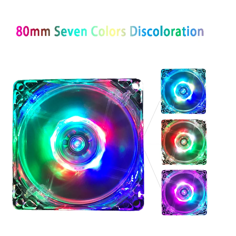 80mm Seven Colors Discoloration LED Light 12V  Mute PC Case Cooling Fan For Computer Case Cooling