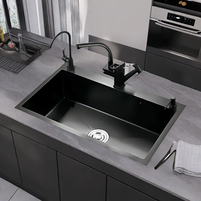 Kitchen sink modern stainless steel hanging sink rectangular design black surface soundproofing function durable easy clean