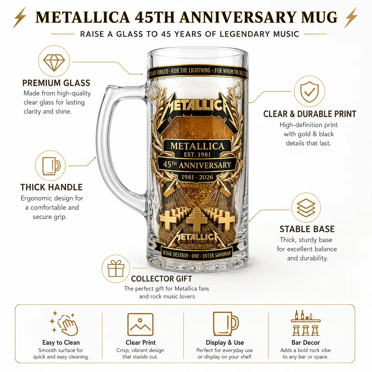 Metallica Est.1981 Beer Stein Mug Rock Band 45th Anniversary Commemorative Glass Cup With Handle Heavy Metal Fans Gift Bar - view 6