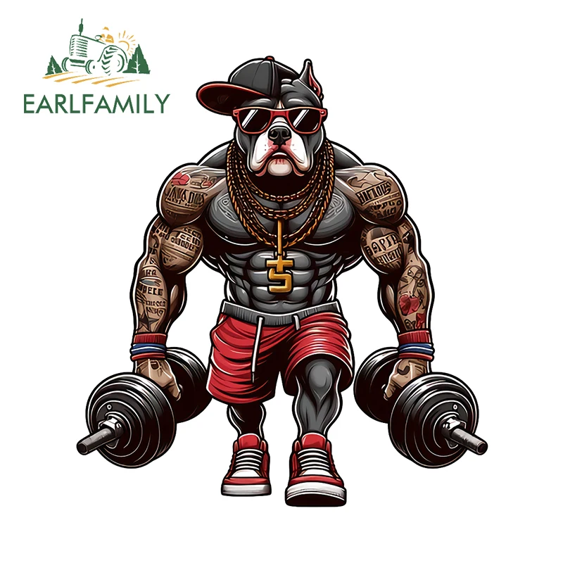 EARLFAMILY 13cm x 11.9cm Pitbull Dog Hip Hop Muscular Car Sticker Tattoo Weightlifter Laptop Decal Cool Scratch-Proof Decor