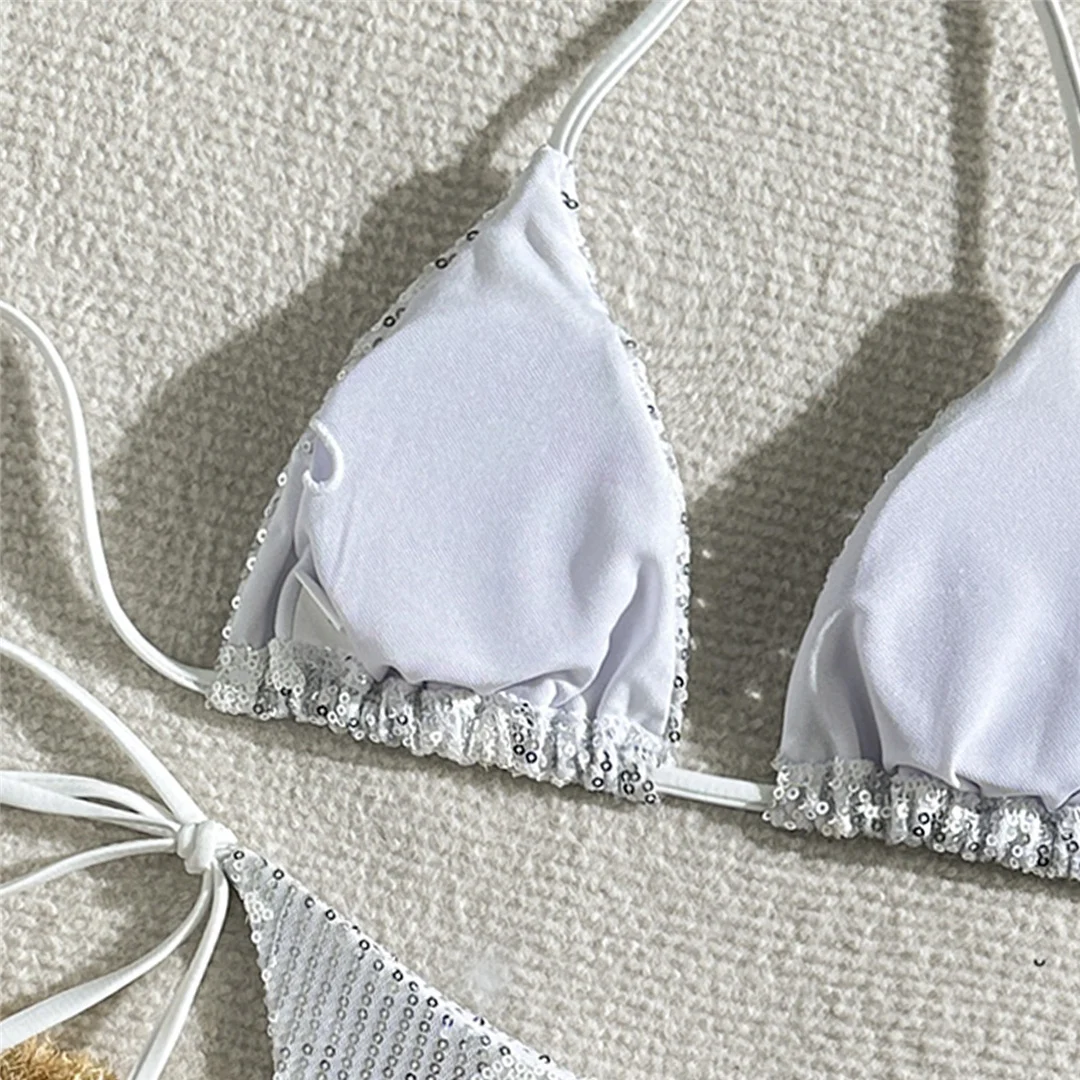 Neuer glänzender Bikini mit Pailletten, Neckholder und hohem Beinausschnitt, Damen-Badeanzug, zweiteiliges Bikini-Set, Badebekleidung, Badeanzug, Schwimmanzug V5825 – Detail 22