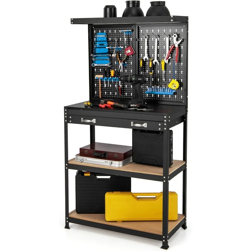 

S AFSTAR Garage Workbench with Pegboard, 32 x 16 Inches Tool Storage Workbench with Drawers, 2 Lower Shelves & 14 Hanging