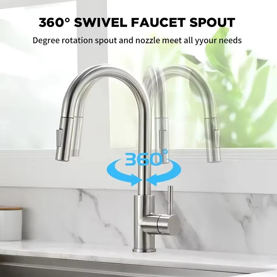 Kitchen Faucet Stainless Steel Brushed Faucet Kitchen Sink Faucet Pull-out Kitchen Water Faucet Single Hole Faucet