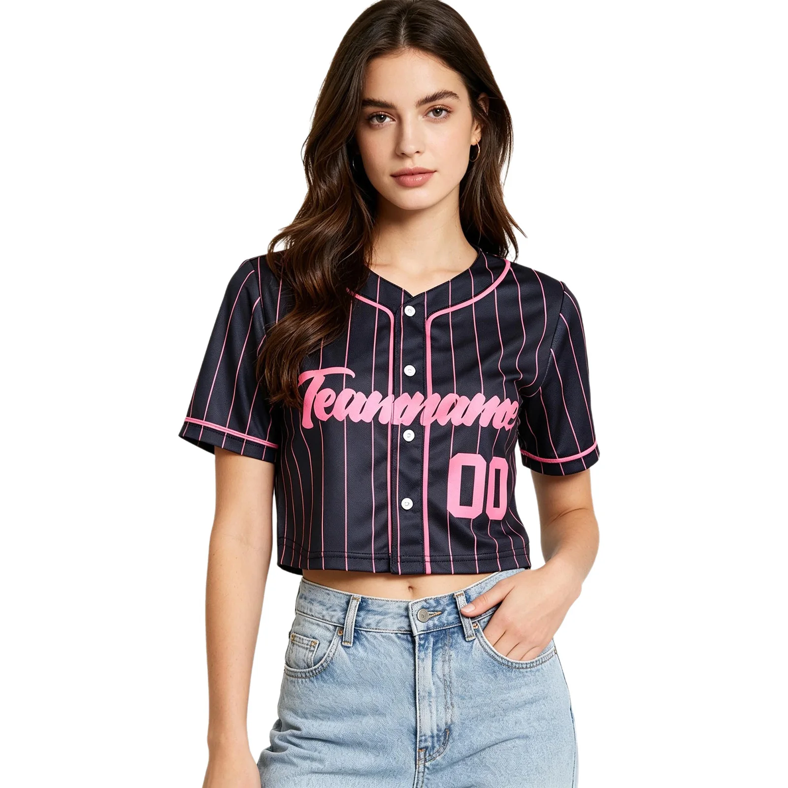 Womens Letters Printed Baseball Jersey Crop Tops V-neck Short Sleeve Buttons Striped T-Shirts for Casual Cheerleading Ball Games