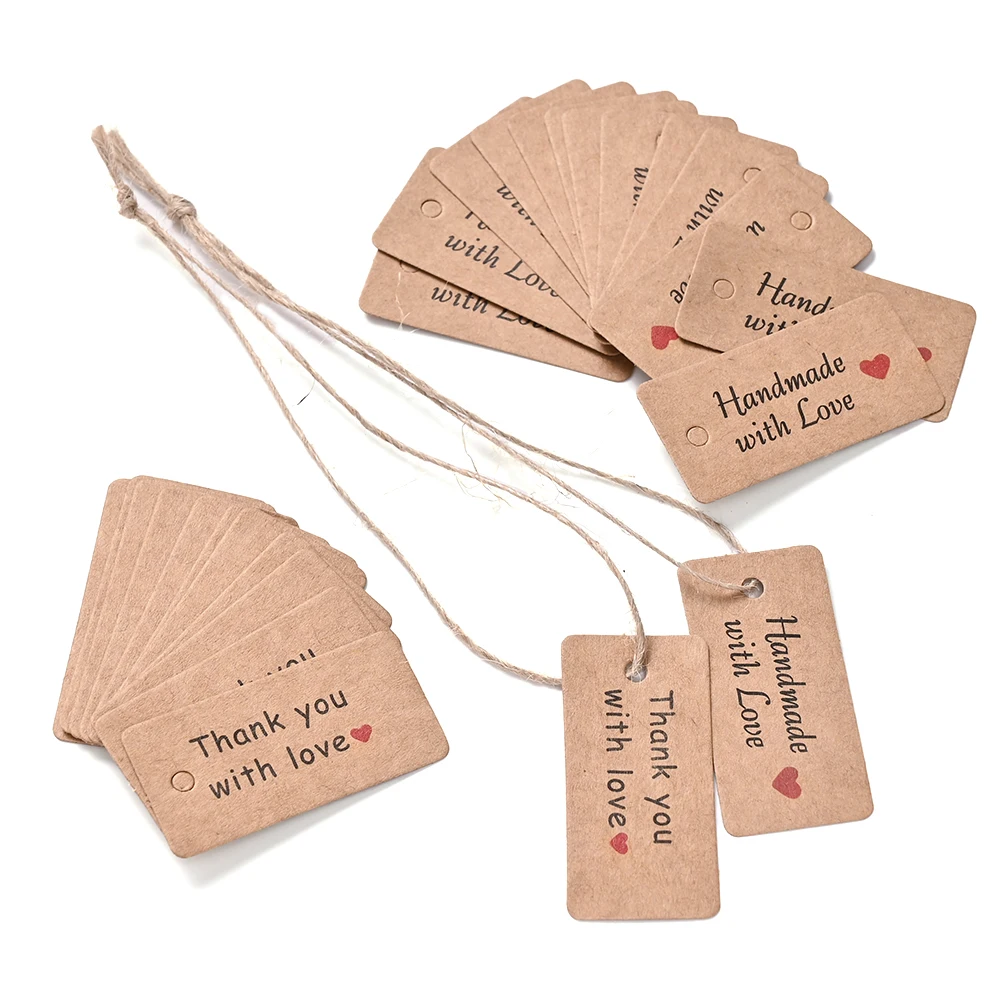 100 Stück Kraftpapier-Etiketten für Handarbeiten und Dankeschön-Geschenke mit Juteseil, geeignet für Party-Souvenirs und Schmuckverpackungen – Detail 6