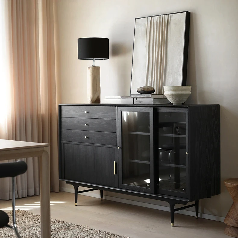 

Nordic Solid Wood Sideboard Multi-Functional Storage Medium-Ancient Industrial Style Living Room Glass Tea Cabinet Curio Cabinet