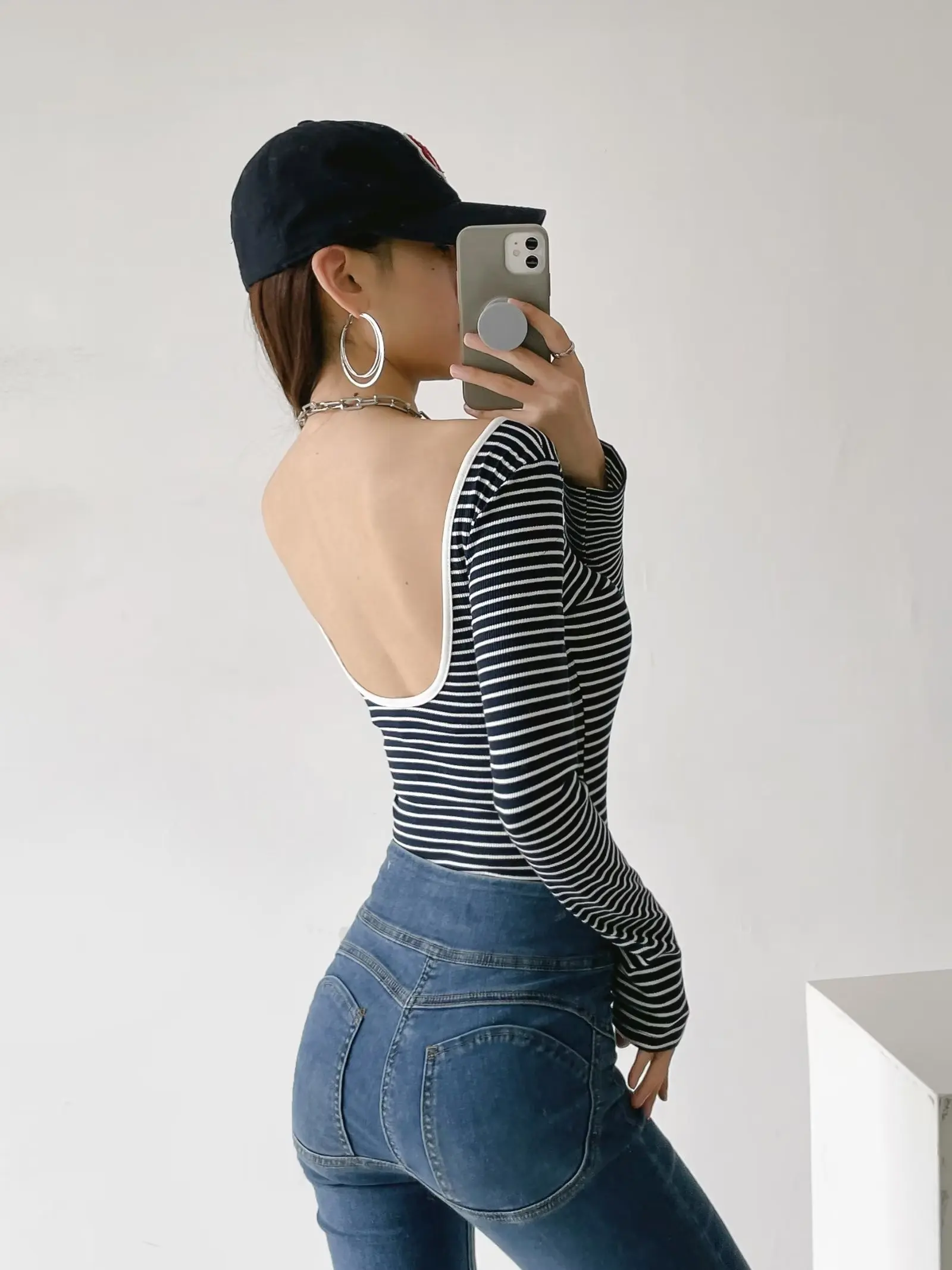 Women Sexy Backless Striped Bodysuits Long Sleeve Stretchable Slim Jumpsuits