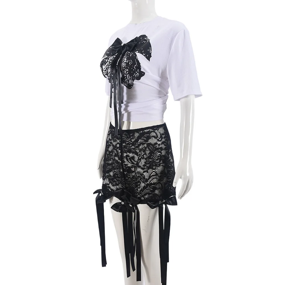 Sifreyr Fashion Bows 2 Piece Set Women Midnight Club Hottie Outfits Printed Short Sleeve Tops And Lace Shorts Y2K Matching Sets