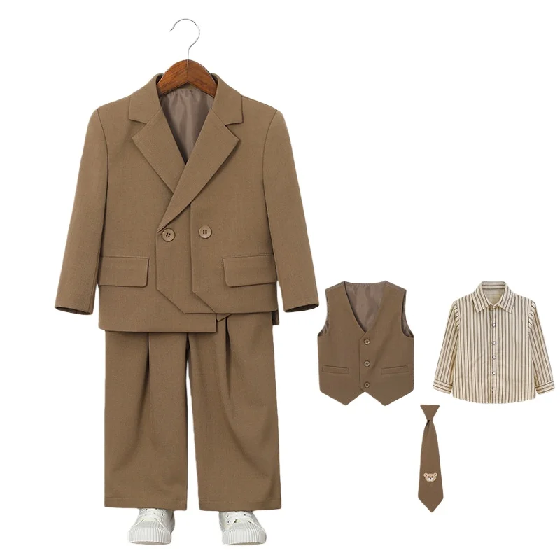 Kids Retro Coffee Photography suit Handsome Boy's British Style Jacket Vest Pants Tie Clothing Set Children Host Speech Costume