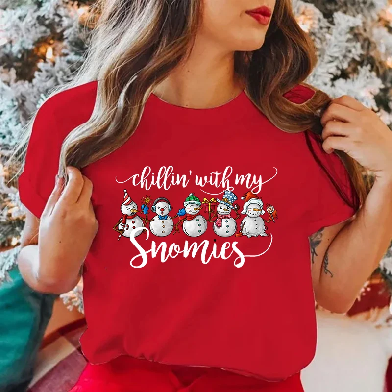 (Premium T-shirt)Funny Christmas Chillin With My Snowmies Printed Shirt Women'S Casual Personality T-Shirt Female Summer tops