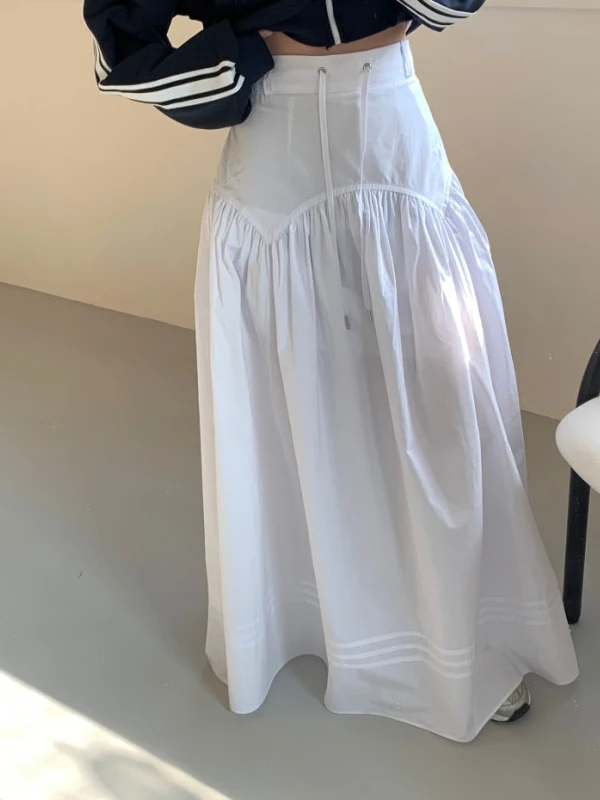 

White A-Line Midi Skirt Women's Korean Faion Pleated Dstring Elastic Waist Slimming Vintage Plaid Long Skirt