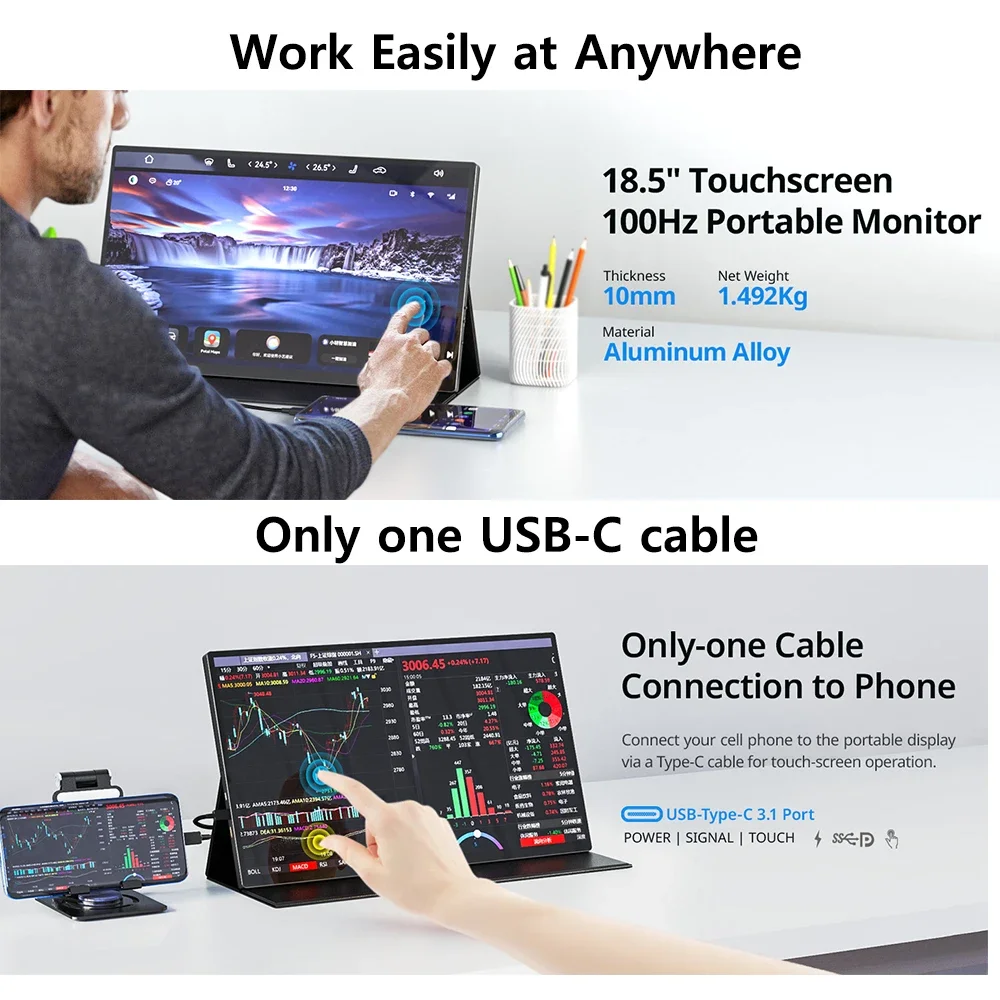XIANWEI 18.5 inch Portable Monitor Touch 100%sRGB 100Hz External Screen Gaming Office Display For Switch Phone Laptop Xbox PS4/5