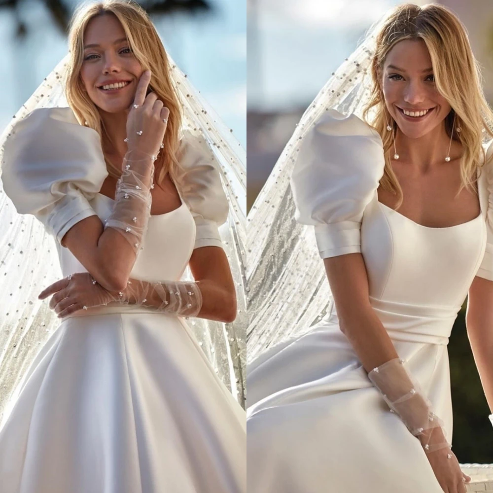 Vestidos De Novia De satén De color marfil exquisitos personalizados, Vestido De Novia sencillo De corte en A, vestidos De Novia elegantes con cuello cuadrado y mangas abullonadas