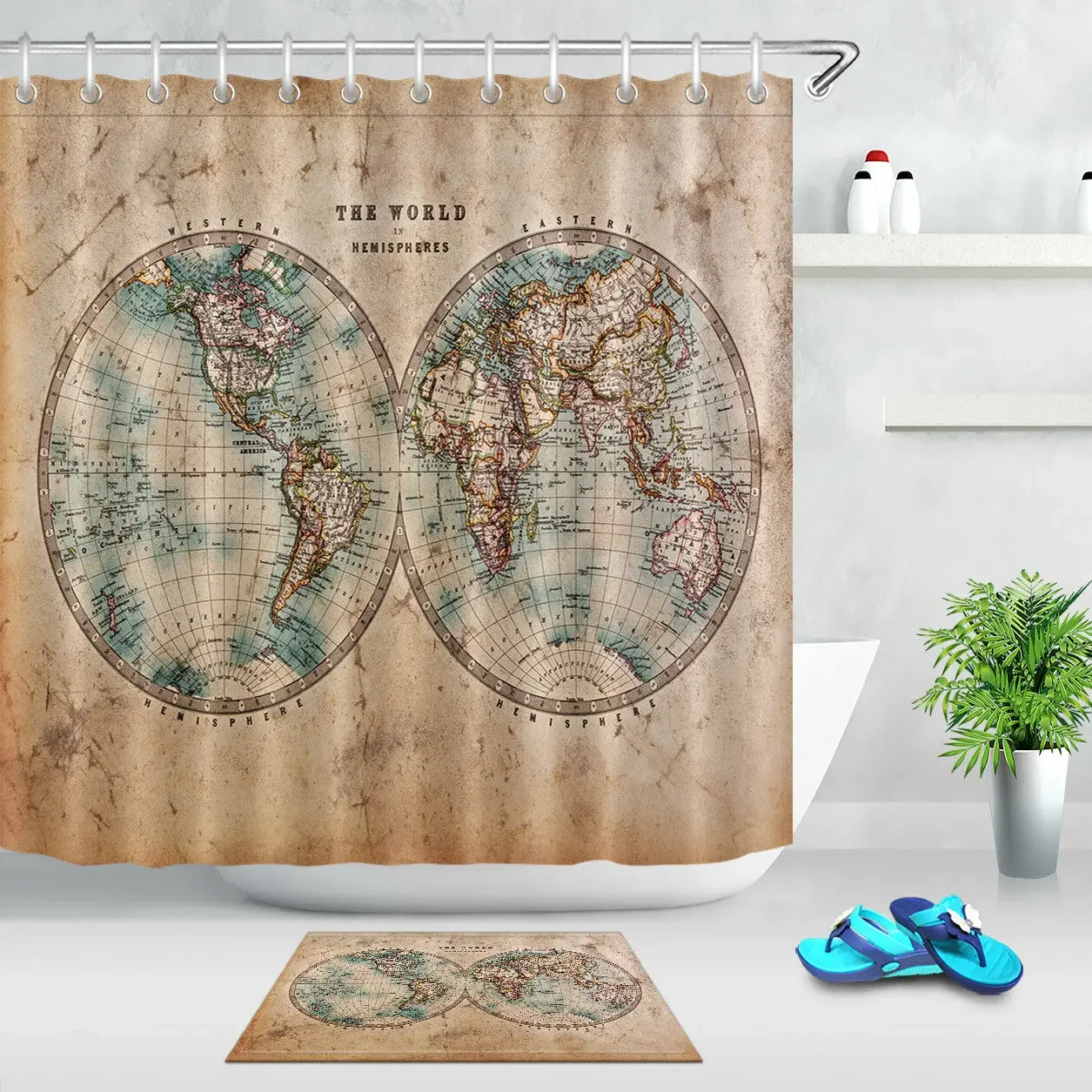 Vintage Old World Map Fabric Shower Curtain Hooks Waterproof Bathroom Accessory