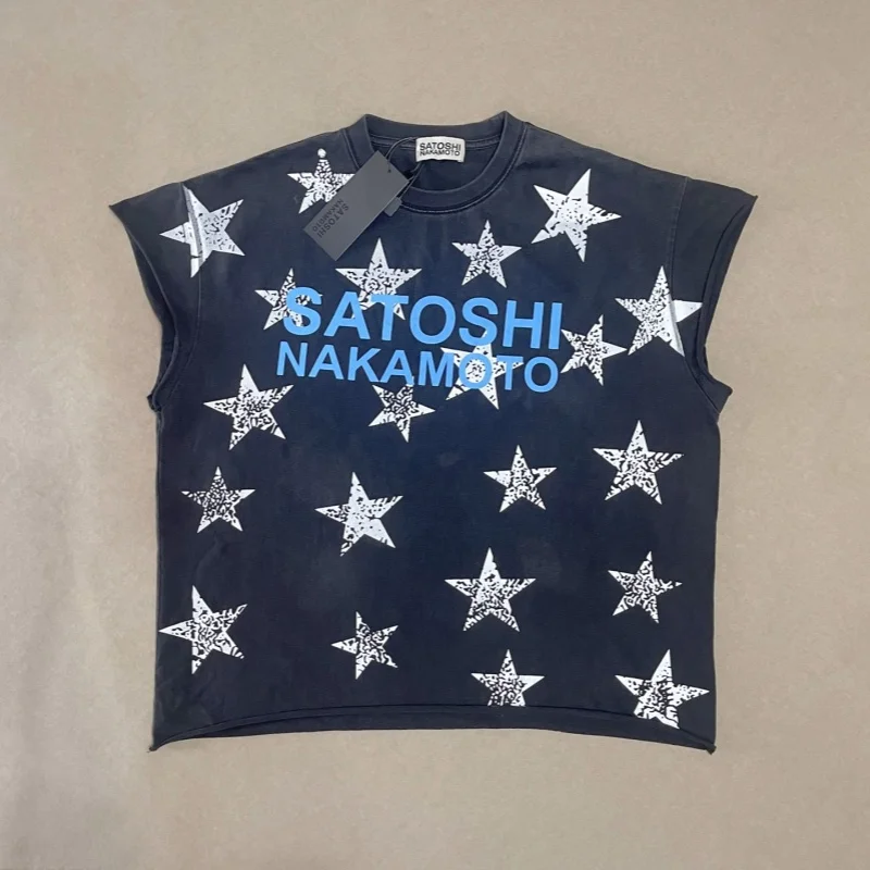 Men Satoshi Nakamoto Tyler Cutoff Tee Washed Black Star Print Sleeveless T Shirt Hip Hop Streetwear Tank Top