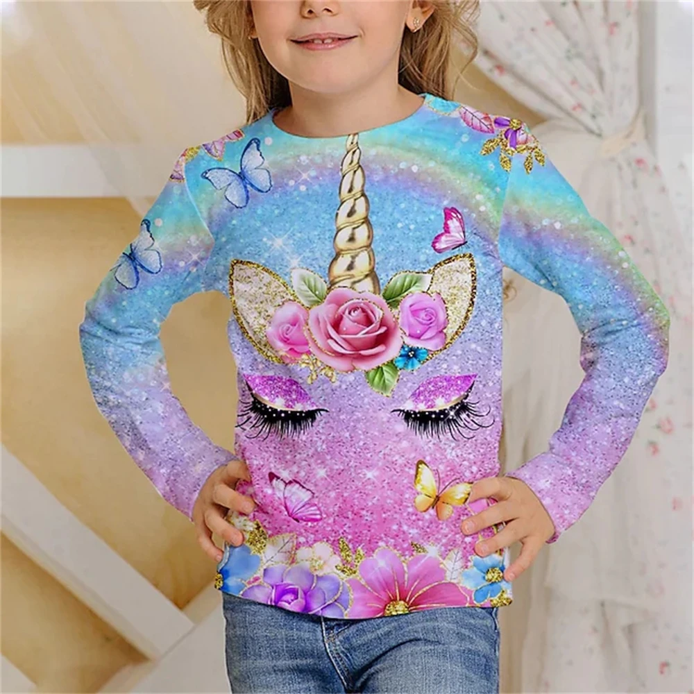 Children's Clothing Cartoon Horse Graphic T Shirts Fashion Girl Clothes Long Sleeve Blouse for Girls Kids T-Shirts Children Top