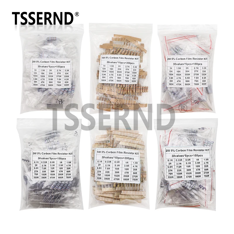 150PCS 300PCS 1W 2W 3W 5W Carbon Film Resistor Assortment Kit 5% Resistance Set 30Kinds 0.1-750 ohm 1K-820K DIY components