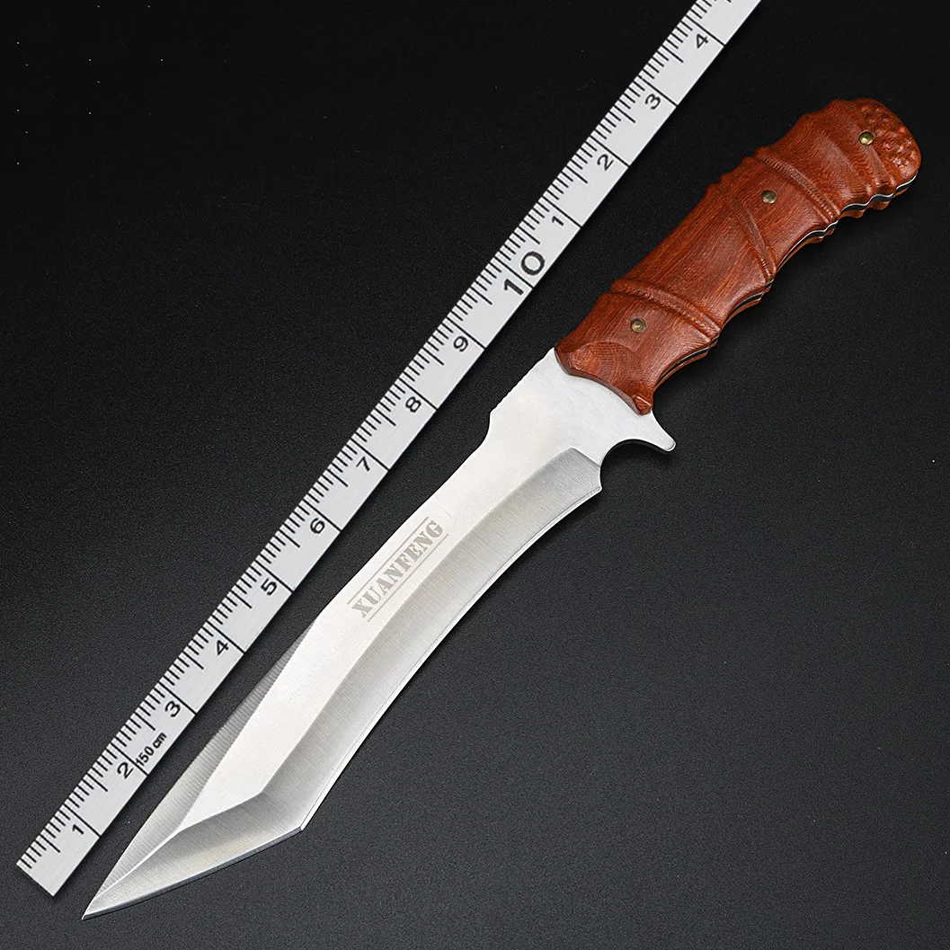 Wooden handle high-quality hunting knife outdoor survival straight blade D2 steel fixed blade knife including leather case