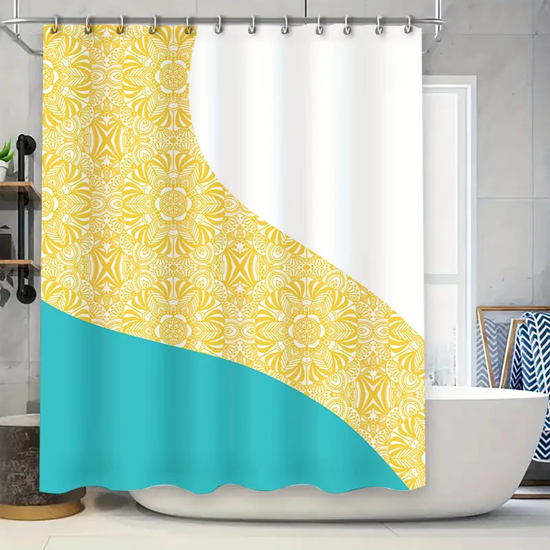 

Stylish Bathroom Decor: Modern Mandala Print Shower Curtain with White Rim Perfect for Bathrooms in Blue or Yellow Color Schemes