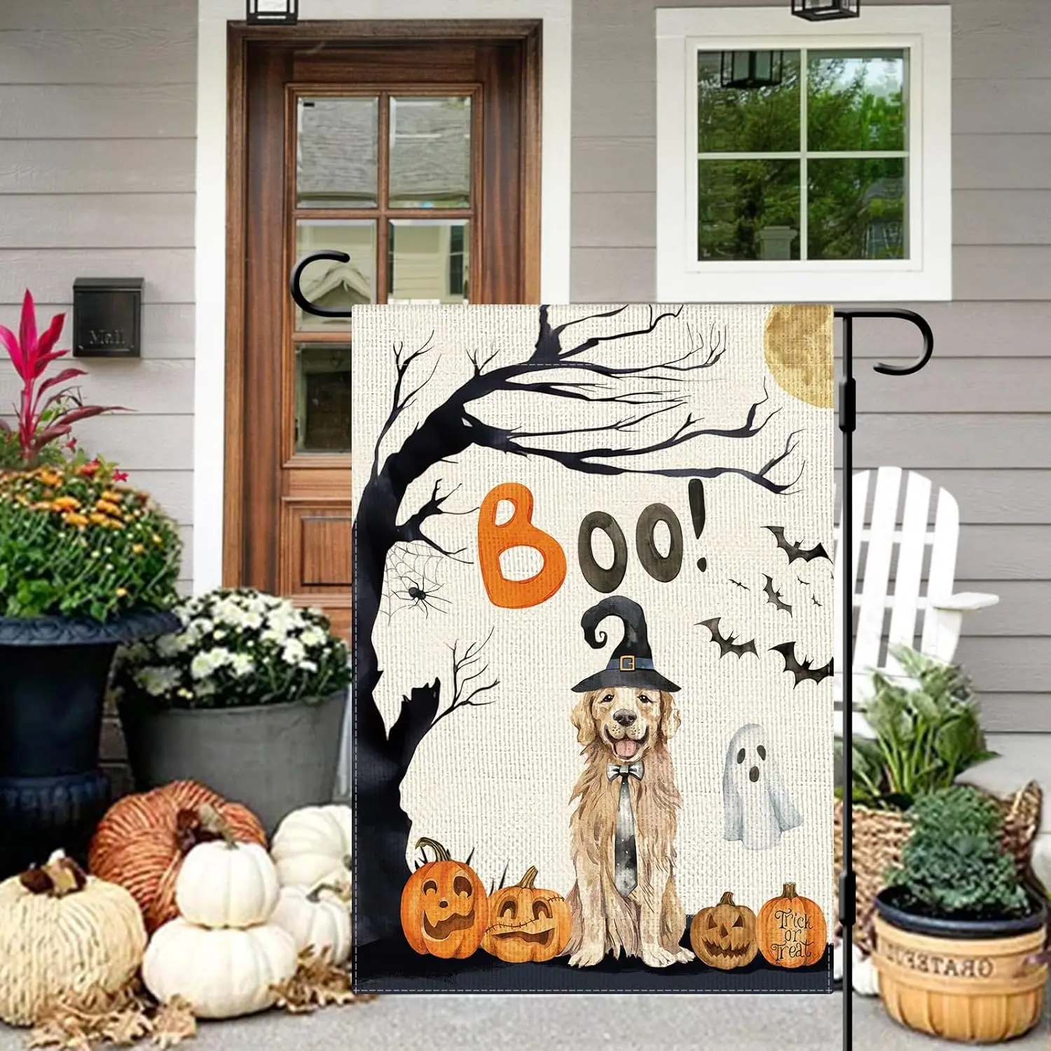 DLZDN Halloween Boo Dog Garden Flag Pumpkin Golden Retriever Spooky Ghost Flag 12×18 Inch Double Sided Vertical Burlap Farmhouse