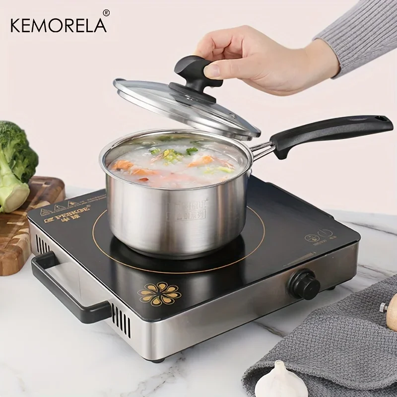 304 Stainless Steel Food Grade Cooking Pot Saucepan Frying Pan With Thick Bottom Single Handle Milk Pot With Glass Lid