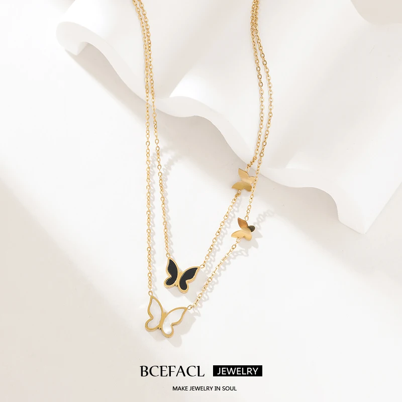 BCEFACL 316L Stainless Steel Multi-layer Butterfly Pendant Necklace For Women Daily Wear Fashion Clavicle Chain Jewelry Gift