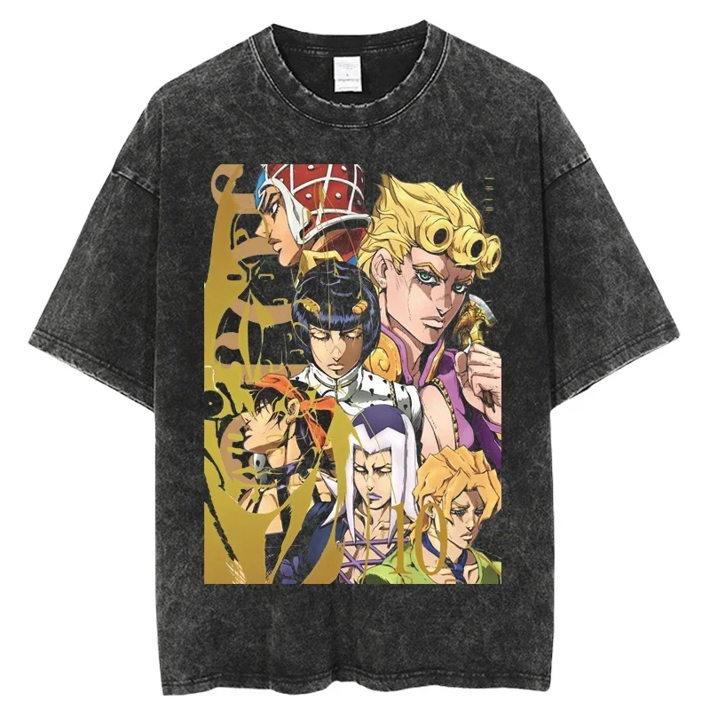 Anime JoJo's Bizarre Adventure Harajuku Oversize Tee Streetwear Summer T-shirtPunk Vintage Washed Tshirts for Men Printing