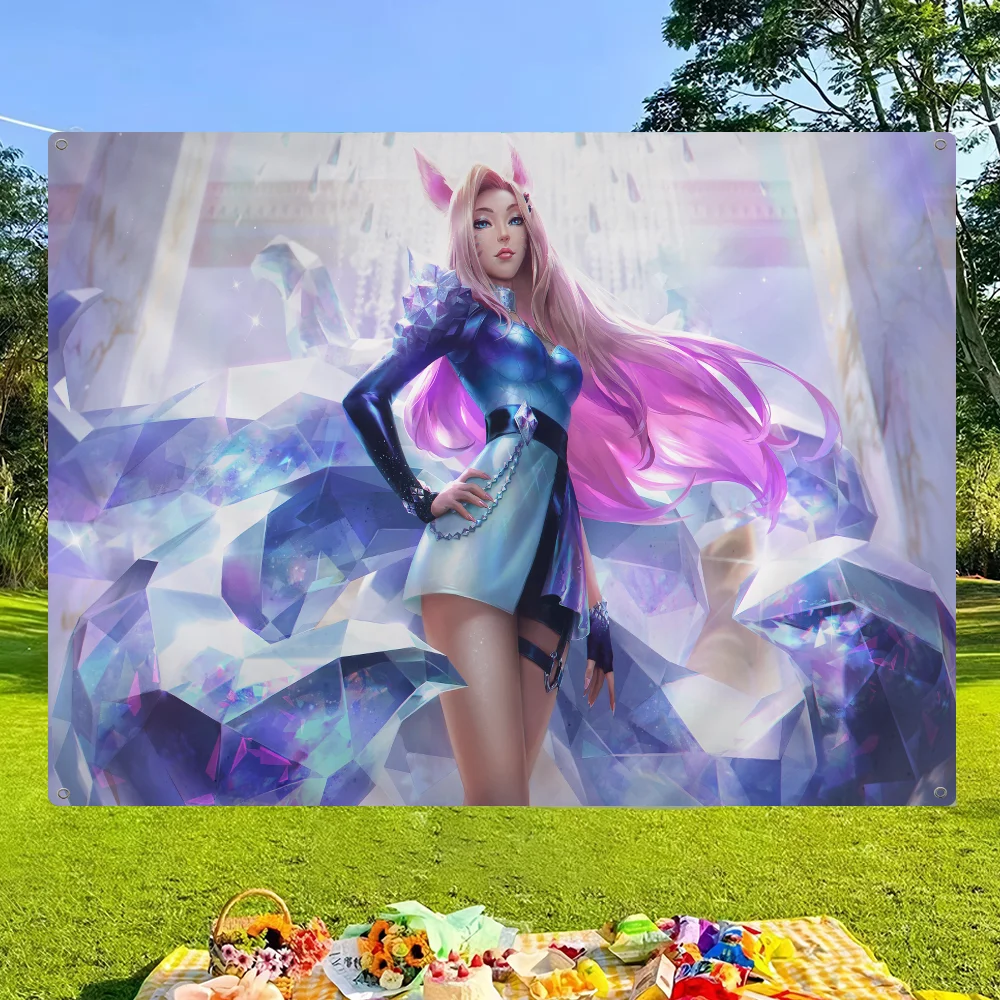 LOL KDA Ahri Akali Kaisa Seraphine High End Quality Banner Printing Artistic Atmosphere Style Camping Flag