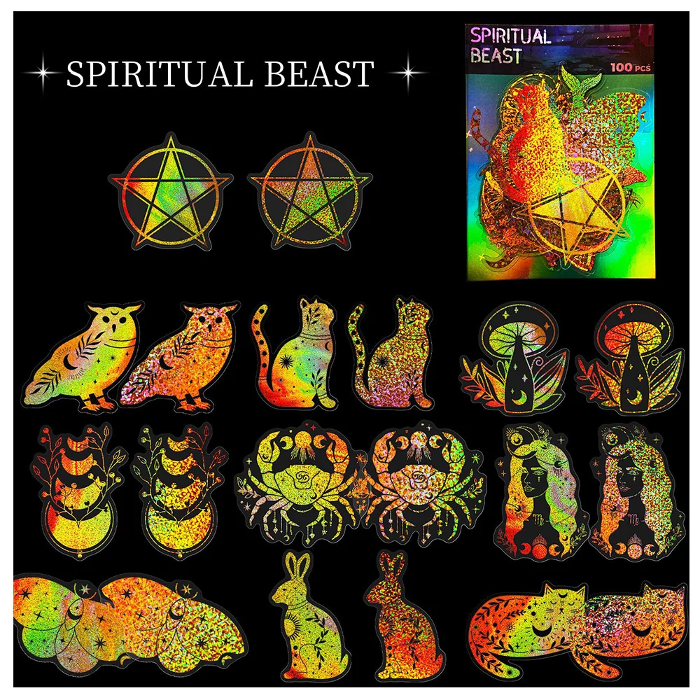 10/30/50/100pcs Gold PET Laser Magic Stickers Spiritual Beast Cartoon Decals Waterproof DIY Skateboard Laptop Cool Sticker Packs