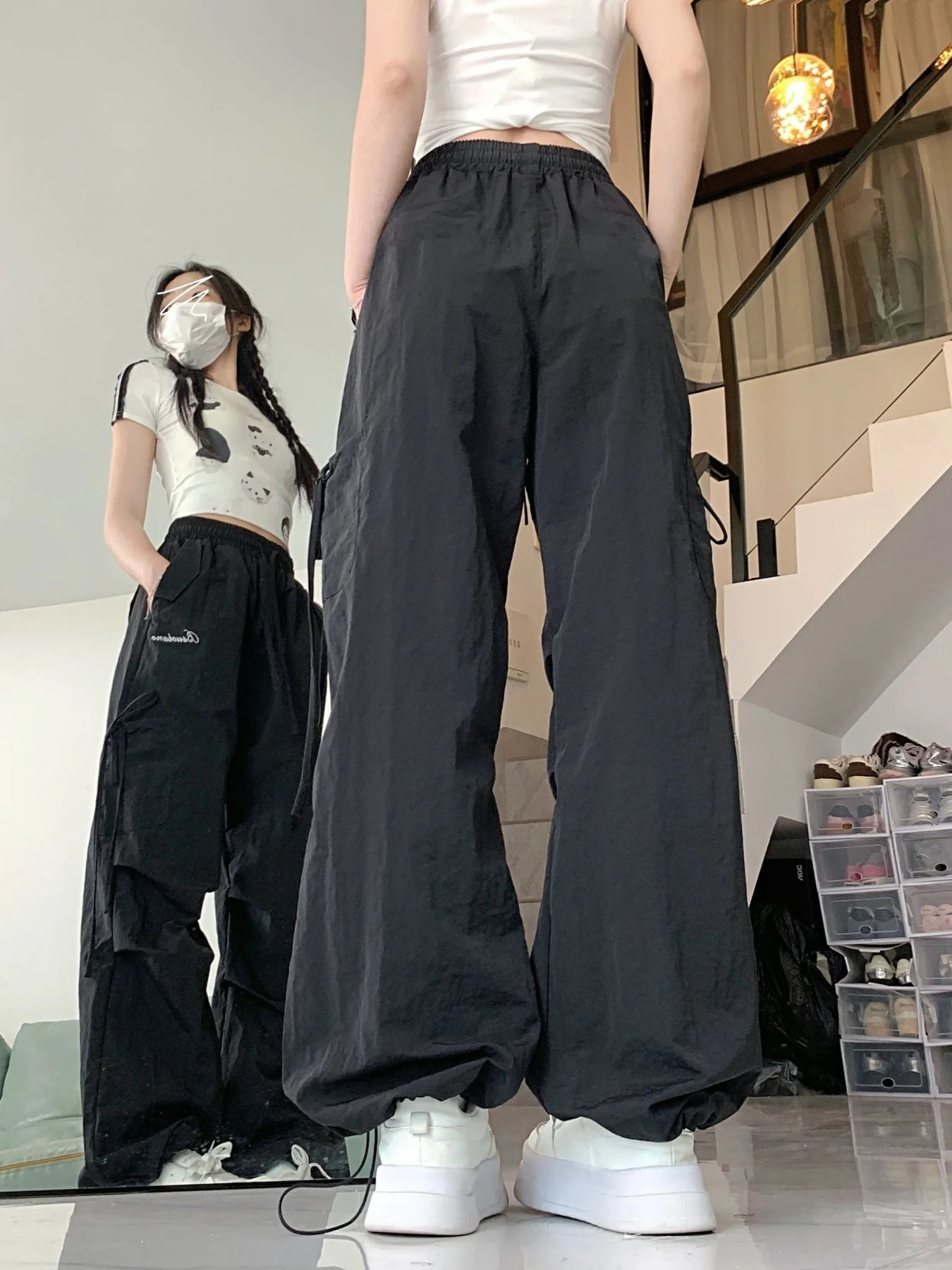 여성용 아메리칸 스타일 캐주얼 조거 팬츠, 새로운 봄, 가을 하이웨이스트 블랙 스트레이트 레그 얇은 캐주얼 루즈 레이지 다용도 와이드 레그 팬츠