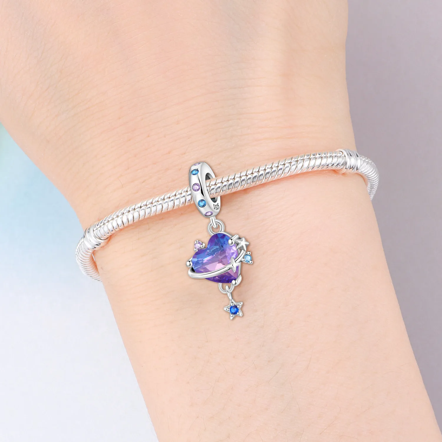 MISEFF S925 Sterling Silver Charm Infinite Love Purple Heart Planet Pendant For Bracelet DIY Jewelry Making Valentine's Day Gift