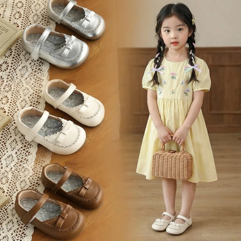 Toddler Girls Leather Shoes Lolita Ruffled Edge Children Party Wedding Shoes Fashion Bow Kids Ballet Flat Shoes Dress Versatile