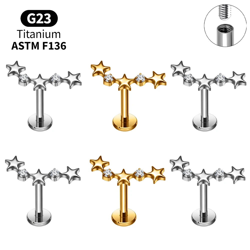 1PCS ASTM F136 Titanium Sparkly Star  CZ Inlaid Internal Thread Labret Stud Lip Ring Ear Cartilage Helix Tragus Piercing Jewelry